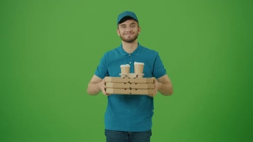 Green Screen Portrait Food Delivery Man Holding Pizza and Coffee Boxes