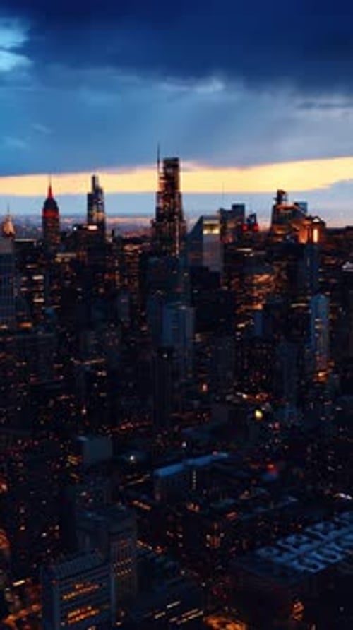 Cityscape aerial architecture of american city. New York city flying backwards. Vertical video