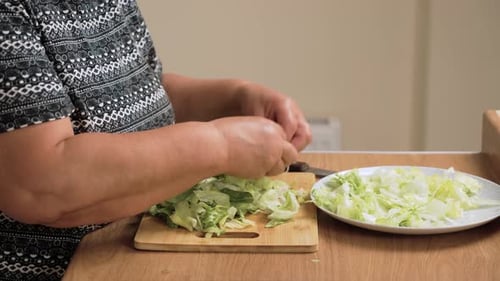 Placing Chopped Lettuce on Plate for Preparing Caesar Salad Arranging Fresh Greens on Dish for
