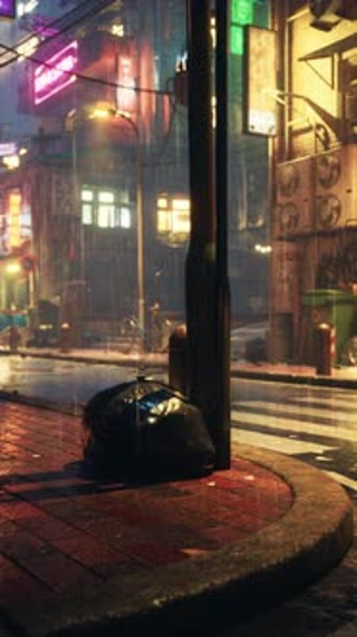 Rainy Nightfall in Small Asian Town
