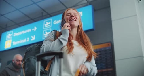 Crowded Airport Terminal Woman Holding Plane Ticket Talking By Mobile Phone