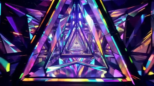 Abstrakte 3D-Bewegungsgrafik einer dreieckigen Neonkristall-Tunne
