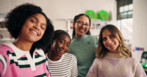 Happy, selfie and face of friends in classroom at college for social media post