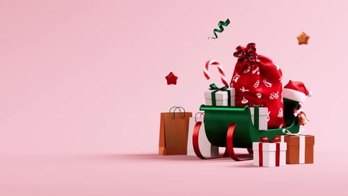 Christmas looping video with Santa sled, gifts and festive stuff on a pastel red background