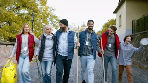 Cheerful Volunteers Street Clean up Walk