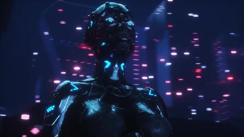 Futuristic Robot In Cyber Punk City