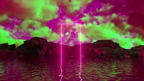 Glowing rectangular portal emerging from water with rocks and green and magenta sky