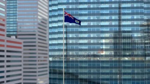 Anguilla Flag Waving Against Modern Skyscraper Background