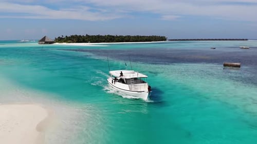 Speed Boat Pass The Beach. Tourists Boat In The Ocean