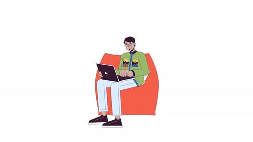 Arab man with laptop in bean bag chair line 2D character animation