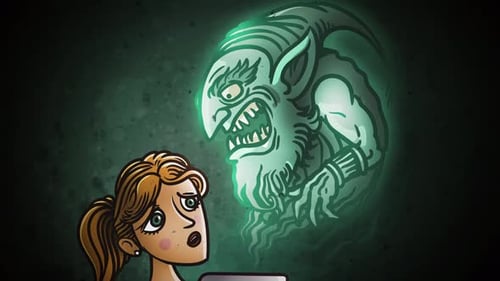 Cartoon Woman Scared by Scary Troll Monster from Laptop Screen