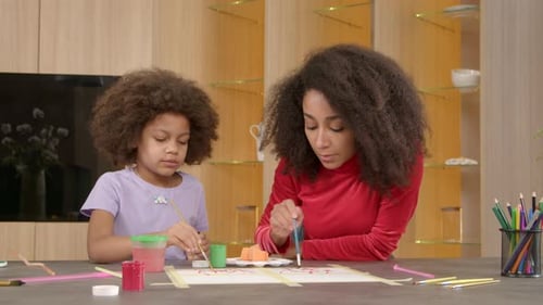 Woman and Girl Painting Together at Home