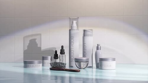 Elegant 3D Animation of Skincare Products with Clean Reflective Surfaces and Calming Hues