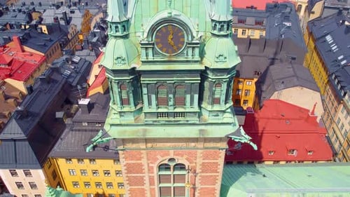 Close-up view about the The German Church bell tower and its details, Stockholm, Sweden.