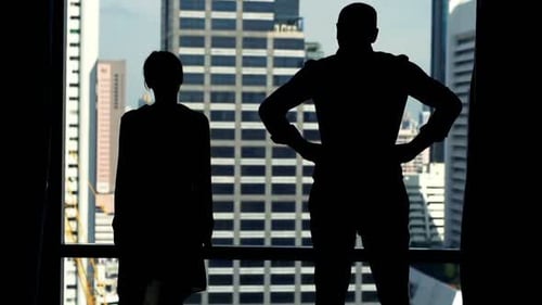Silhouette of Couple Admire View From Window at Home, Super