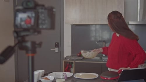 Woman Baking Pancakes on Camera in Kitchen