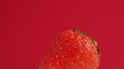 Reife Erdbeeren rotieren auf rotem Grund.