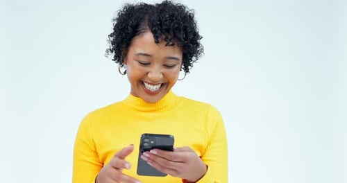 Phone, message and woman in studio smile for social media, news or streaming subscription on white