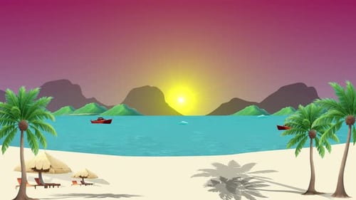 Coconut Palm Trees, Tropical Summer Beach Cartoon Animation Background. Hello Summer Beach Backgroun