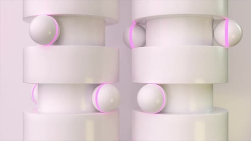 3D-Animation von mattweißen zylindrischen Strukturen, akzentuiert durch zarte rosa leuchtende Ringe