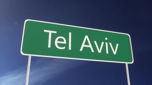 Tel Aviv city road sign of Tel Aviv on blue sky. City arrival with direction to Tel Aviv