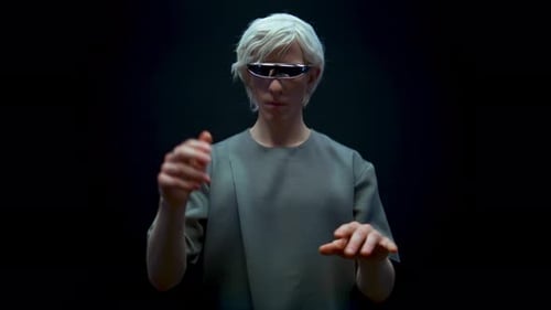 Cyber Man trabalhando com realidade aumentada em closeup de óculos de realidade virtual