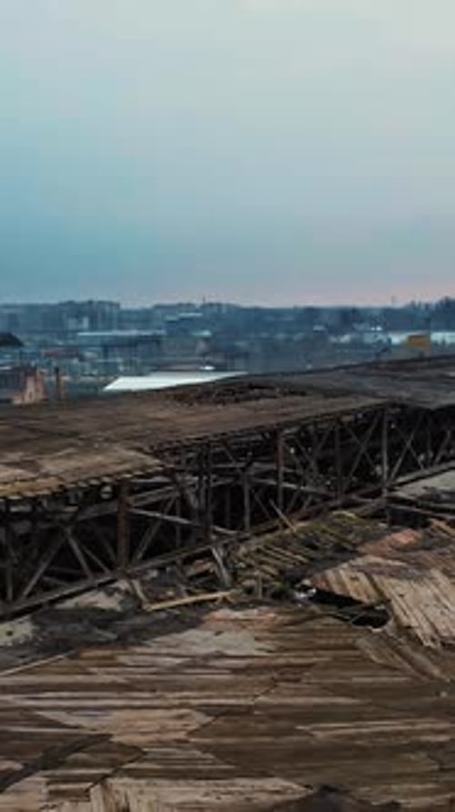 Aerial view of the largest abandoned factory. Factory ruins. Vertical video