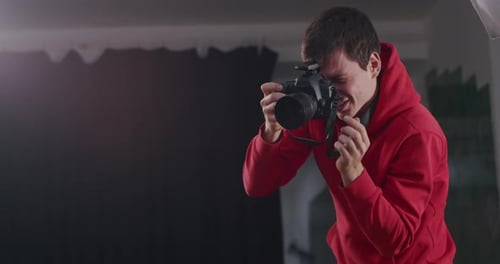 Happy Guy Photographer Professional Shoots Model in Studio Behind the Scenes