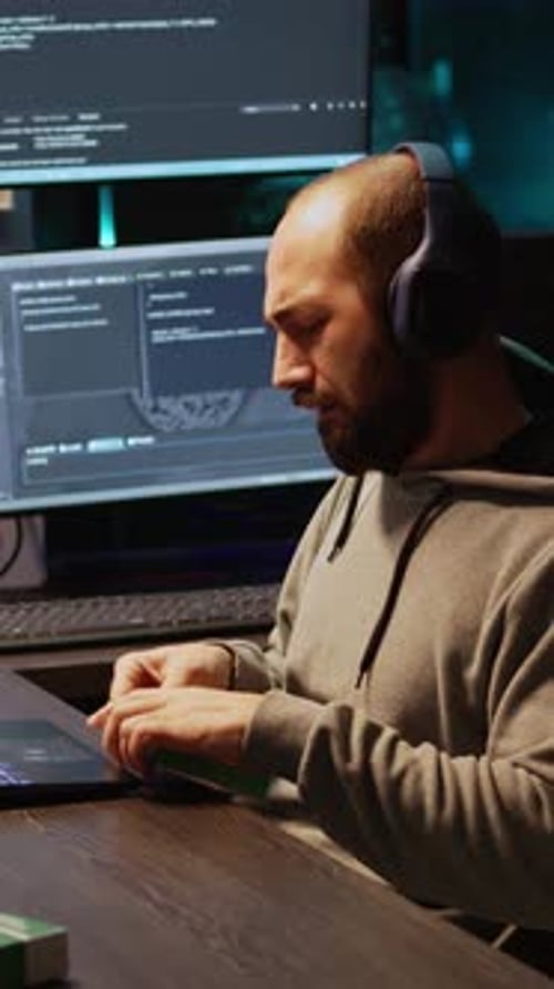 Male Programmer Coding and Drinking Beverage in Office