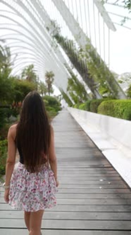A Woman Walks in a Botanical Garden on a Sunny Day Surrounded By Greenery and Plants