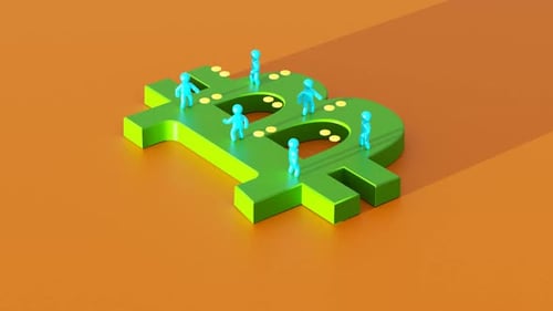 Animated Bitcoin Symbol with Abstract Figures and Falling Coins