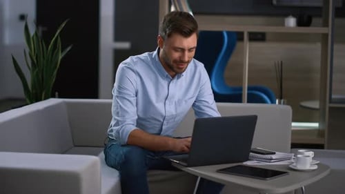 Focused Business Man Worker Typing Computer Digital Device Researching Information in Remote