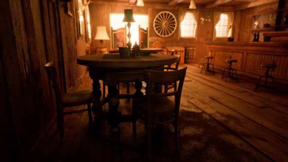 Cozy Interior of an Old Saloon Featuring Wooden Furniture and Warm ...