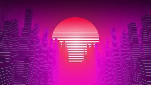 Retro Synthwave Cityscape with Glowing Sun Animation