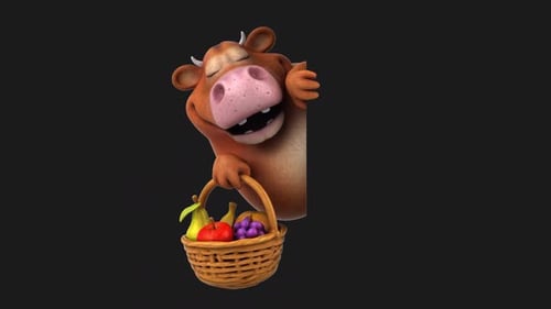 Friendly Cartoon Cow Peeking with Fruit Basket Animation