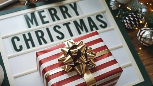 Ardósia “Feliz Natal” com caixa de presente, sinos e luzes festivas