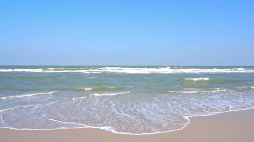 Les vagues se dispersent le long d'une plage de sable.