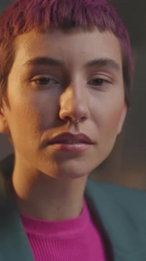 Closeup Studio Portrait Pink Hair Teal Blazer Pensive Expression Soft Cinematic Lighting Subtle