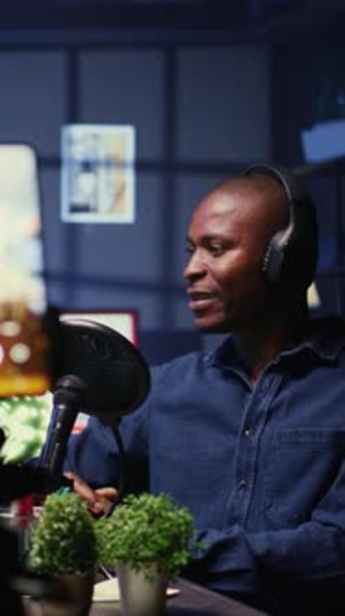 Vertical Video Men Meeting in Studio to Film Show with Mobile Phone and Talk Politics