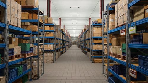 Industrial Warehouse Filled With Storage Boxes Labeled For Shipment