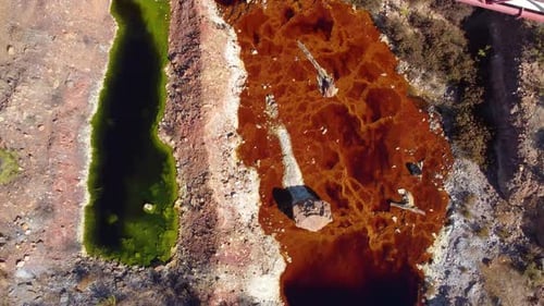 Aerial view of Mining activity. Polluted river and water. Apocalypse scenery. Earth and destruction