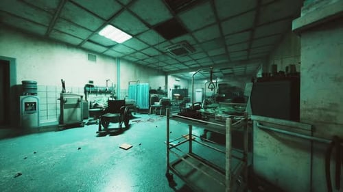 Abandoned Hospital Interior with Debris and Equipment Scattered on the Floor