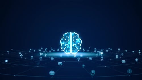 Futuristic Digital Brain Animation with AI Network Grid
