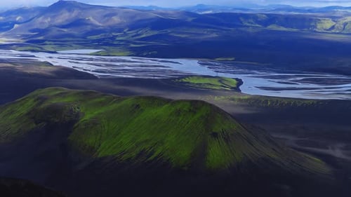 Aerial View of Iceland Highlands with Craters River and Plains