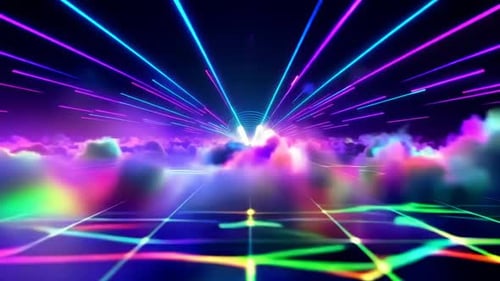 Lasers au néon Synthwave Retro des années 80 et nuages lumineux, fond VJ