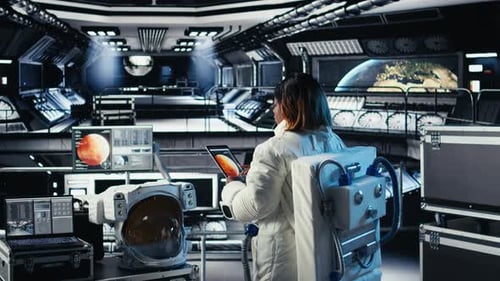 Female Astronaut Performing Routine Maintenance in Starship Travelling to Mars