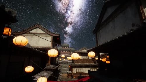 Lantern Lit Japanese Buildings at Night Beneath the Milky Way