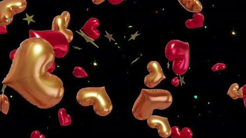 Red Gold Foil Heart Balloons Falling Alpha Overlay