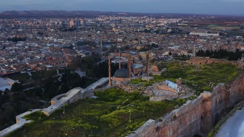 Aerial view of Urfa Castle.city view in the background. the place where Nimrod threw the Prophet Ab