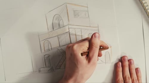 Young Man Artist is Drawing Buildings By Colour Pencil on White Paper Top View The Architect Making